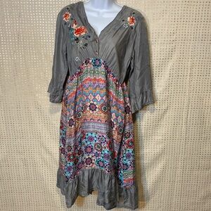 Johnny Was Gray Multicolor Floral Patchwork Mini Dress